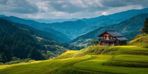 Fototapeta premium Green Rice Terraces and a Rustic Japanese Dwelling