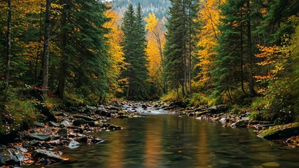 A scenic autumn river flowing through a tranquil forest landscape. - Powered by Adobe