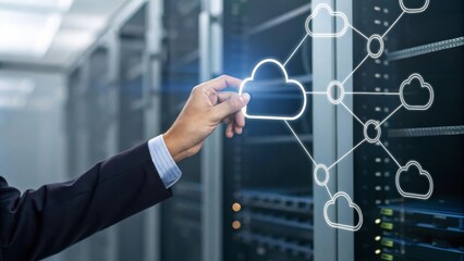 Hand manipulating digital cloud icons over a server rack, representing cloud computing technology.
