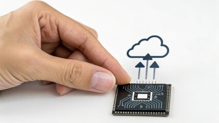 Hand placing a microchip with cloud computing symbols above it.