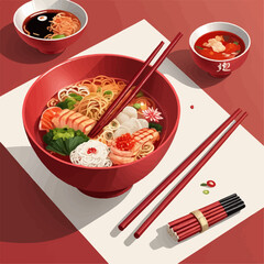 noodles ramen in a red bowl with chopsticks. Oriental asian food