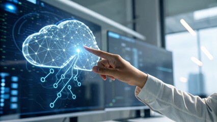 A person interacts with a digital cloud network interface in a modern tech environment.