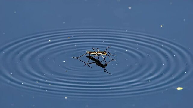 Close-up of water strider insect creating ripples on pond water