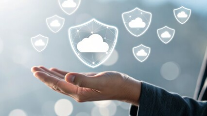 A hand reaching out with digital cloud icons representing technology and security.