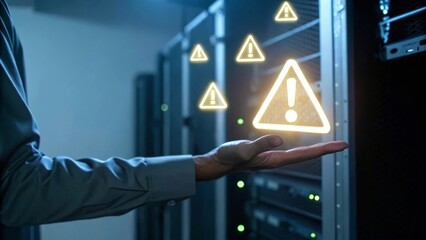 Hand reaching out to a server with warning signs indicating potential issues.