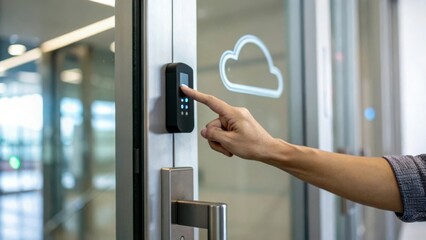 Hand using a digital keypad to access a secure entrance door.