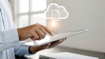 Person using a tablet with a cloud download icon, symbolizing digital technology and data transfer.