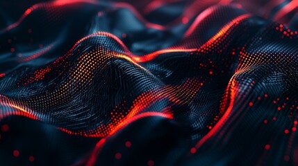 Abstract wave pattern with glowing red lights and intricate grid design details