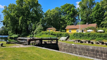 Sweden. Locks on the Kinda Canal in Linkoping, Sweden. Ostergotland province.