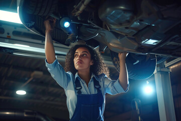 Confident woman with gloves and flashlight examining suspension and exhaust system under raised vehicle