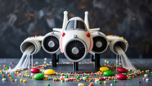 A whimsical cake designed as a jet airplane with colorful candies scattered around, creating a festive atmosphere