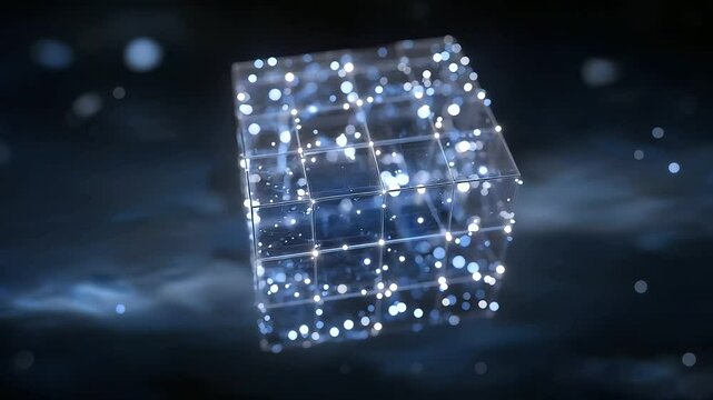 A rotating wireframe hypercube with glowing gridlines in zero gravity