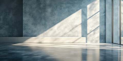 Empty room with sunlight streaming through large windows.  Modern, minimalist interior design with textured walls and a polished concrete floor