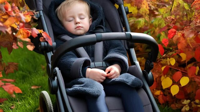 Blonde toddler sleeps peacefully in a dark stroller, wearing a fleece jacket with a hood, surrounded by colorful autumn leaves in a park setting.