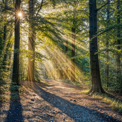 Fototapeta premium Sunlight Streaming Through Forest Canopy on Woodland Trail