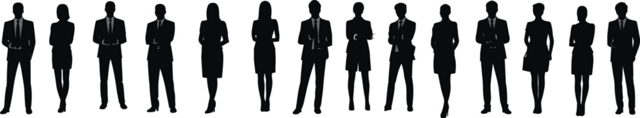 Silhouettes of diverse business people standing in a row, spaced evenly apart, wearing professional attire, on a clean white background, no overlapping or touching, minimalistic style.