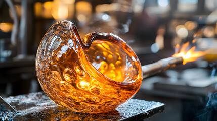 Glassblowing process, amber glass vase being shaped with torch, molten glass flowing, detailed close up.