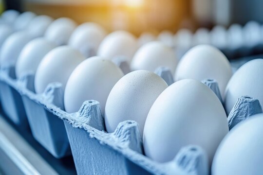 Chicken Eggs on a conveyor belt. Hatching and poultry farming. Egg factory industry. Egg selection process and grading production line with fresh eggs. Automated business, organic farming concept.