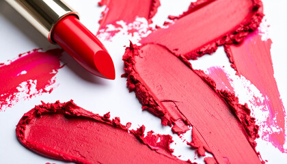 The intense red lipstick painting texture detail. The concept of promoting color texture of cosmetics products.
