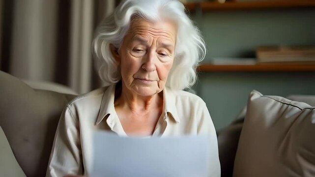 Worried elderly woman reading a letter with a resigned expression at home