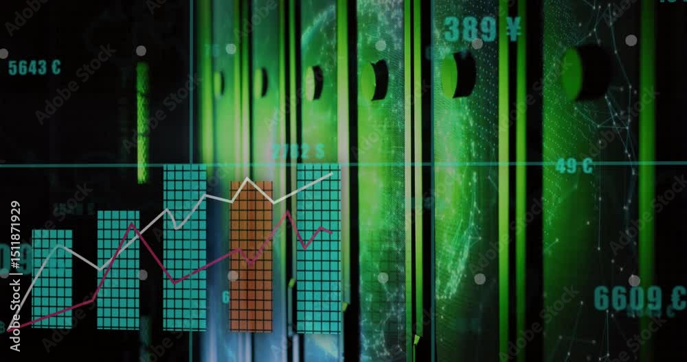 Poster opening dashboard animating globe while bars rising and lines moving showing numeric data trends