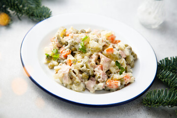 Traditional Russian salad with ham