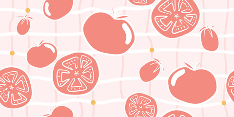 Seamless tomatoes pattern in hand-drawn doodle illustration style, pastel red colors on a pink and white plaid background and yellow dots. Veggie Time! Series.