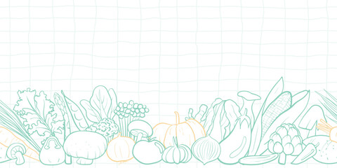 Seamless mixed vegetable pattern in hand-drawn doodle illustration style, pastel green and yellow outline with green grid on a white background. Veggie Time! Series.