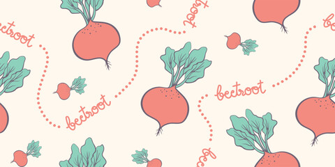 Seamless beetroot pattern in hand-drawn doodle illustration style, pastel pink and green colors on a pastel plain beige background. Veggie Time! Series.