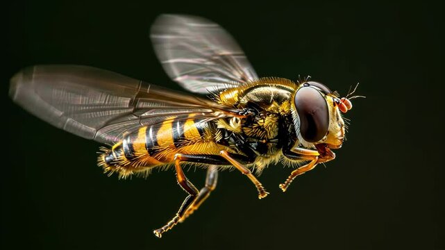 A close-up photo of a hoverfly with detailed wings and striped abdomen