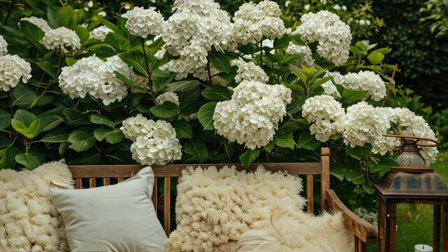 Enjoy a serene outdoor seating space adorned with plush cushions, framed by vibrant hydrangeas on a sunny day