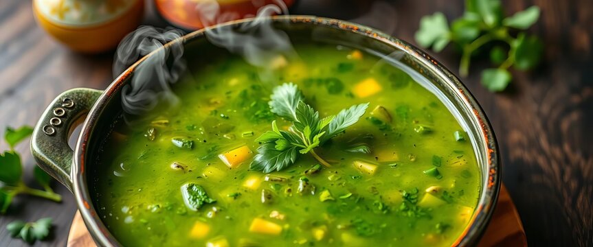 Steaming bowl of vibrant green soup with fresh herbs, ready to be served, cooking, fresh