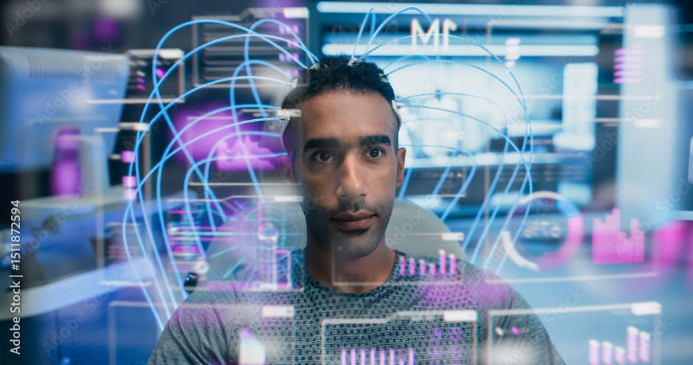 Leinwandbilder Man Wearing a Neural Headset Sits in a Futuristic Lab, Controls Holographic Interface, Internet Visuals Graphs and Statistics. High-tech, Advanced Technology and Immersive Experiences of the Future