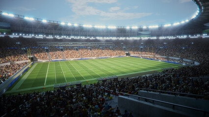 Day Aerial View of a Crowded American Football Stadium. Fans Fill the Stands, and the Field Is Ready for a Major Event. Excitement of a Championship Match With Spectators. Mockup 3D Realistic Graphics