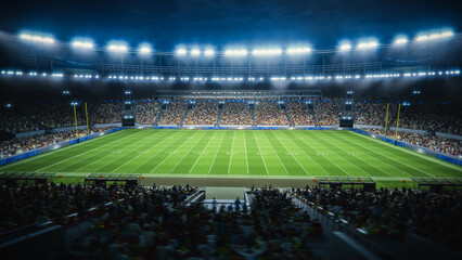 Night Aerial View of a Crowded American Football Stadium. Fans Fill the Stands, and the Field Is Ready for a Major Event. Excitement of a Championship Match With Spectators. Establishing Shot © Gorodenkoff