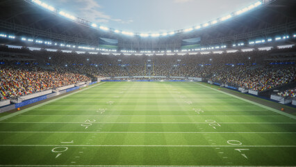 Day Aerial Elevated View of an American Football Stadium With Enthusiastic Fans. Field of a Major Championship Game, Capturing the Anticipation and Energy of the Spectators with Start of the Game © Gorodenkoff