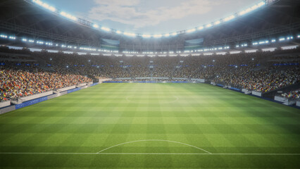 Daytime Elevated Shot Behind Soccer Goal in Stadium During Championship Match. Crowds of Fans Fill...