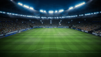 Night Elevated Shot Behind Soccer Goal in Stadium During Championship Match. Teams Compete, Fans Fill the Stands. Football Tournament, Cup Broadcast. Sport Channel Television Screen Content. © Gorodenkoff