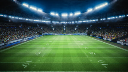 Night Aerial Elevated View of an American Football Stadium With Enthusiastic Fans. Field of a Major Championship Game, Capturing the Anticipation and Energy of the Spectators with Start of the Game © Gorodenkoff