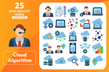 Cloud Algorithm Flat Icon Set. Incleded Icons Customer Service, Management, Algorithm, Performance, Database, Network, Search, Backup. Vector Icons Collection