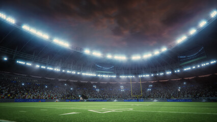 American Football Stadium at Evening. Field, Goalposts, and a Sea of Enthusiastic Fans Are Visible. Professional Game Championship. Shot Across Field