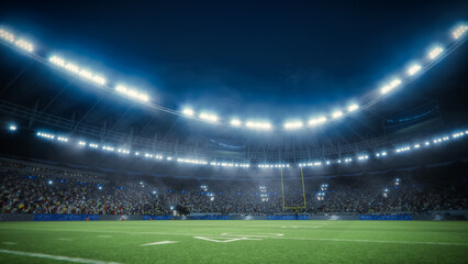 American Football Stadium at Night. Field, Goalposts, and a Sea of Enthusiastic Fans Are Visible. Professional Game Championship