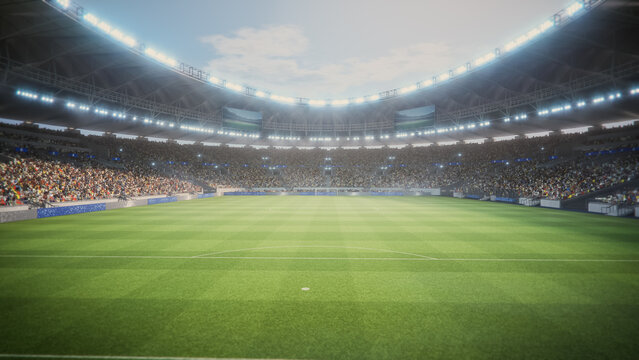 Daytime Elevated Shot Behind Soccer Goal in Stadium During Championship Match. Crowds of Fans Fill the Stands. Football Tournament, Cup Broadcast. Sport Channel Television Screen Content