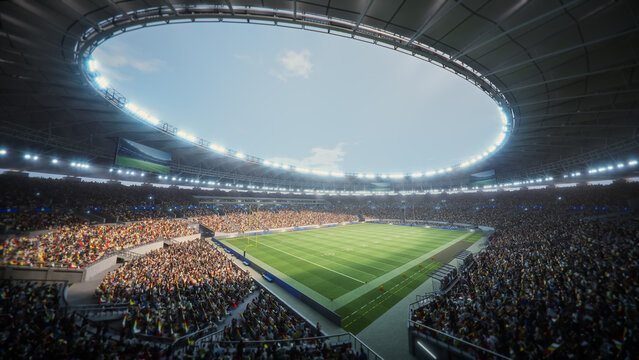 Day View of a Crowded American Football Stadium With Fans Cheering. Field and Goalposts Are Visible, Capturing the Lively Atmosphere and Excitement of the Game From a Wide-angle Shot