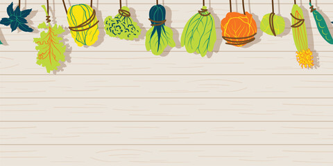 Seamless mixed vegetable hanging form above pattern in minimal graphic illustration style, colorful vivid colors on a horizontal light brown wooden background. Veggie Time! Series.
