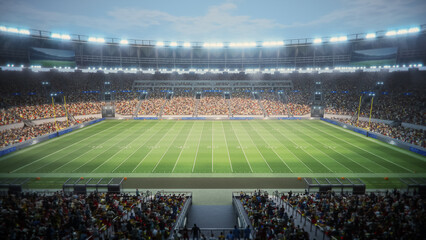 Day View of a Big American Football Stadium From the Sideline. Thousands of Spectators Fill the Stands Cheering for the Match Beginning. Awaiting a Major Sport Event. Wide Side View Shot