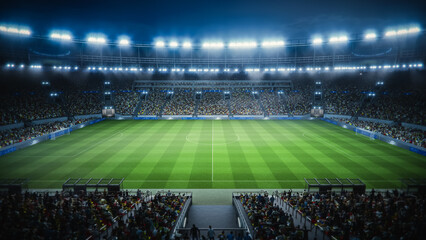 Night View of a Soccer Stadium From Sideline Perspective. Full Venue off Fans Cheer for the Beginning of the Match. 3D Realistic Graphics of the Venue. Wide Side View