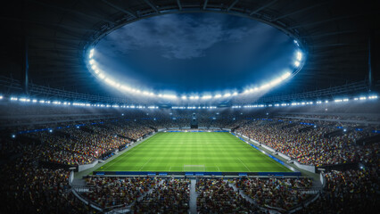 Night Drone Flight Circles Soccer Stadium During Major Event. Football Tournament, Cup Broadcast....