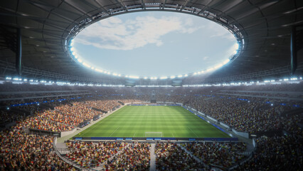 Day Drone Flight Around Soccer Stadium. Aerial Views Capture Massive Crowd. Arena Hosts Major Sport Event With Thousands of Spectators