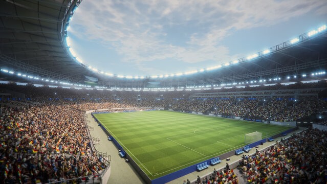 Drone Flight Around a Massive Soccer Stadium. Aerial Views Capture the Pitch, Stands Filled With Thousands of Spectators, on Arena a Major Sport Event